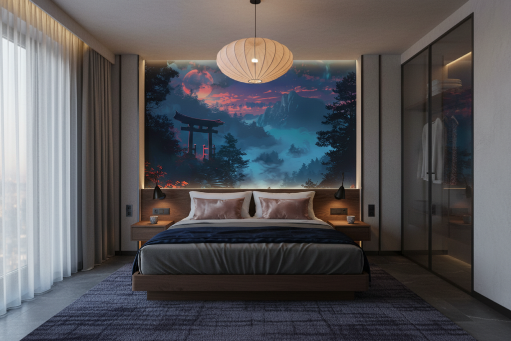 Paysage mystique japonais avec torii sous lune rose et brume - Hôtel