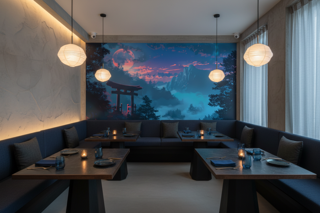 Paysage mystique japonais avec torii sous lune rose et brume - Restaurant