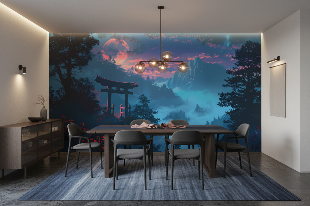 Paysage mystique japonais avec torii sous lune rose et brume - Salle à manger