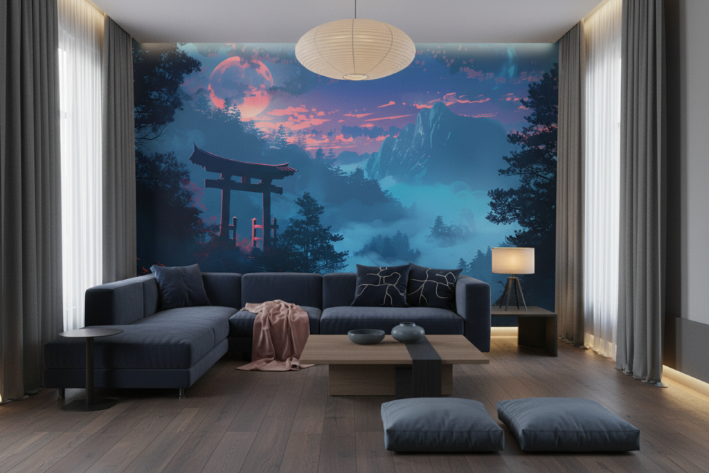 Paysage mystique japonais avec torii sous lune rose et brume - Salon / Séjour