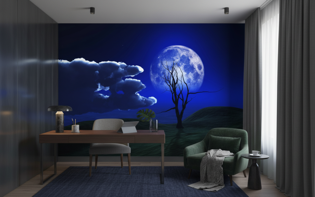 Paysage Nocturne Mystique avec Lune Bleue et Arbre Silhouette - Bureau