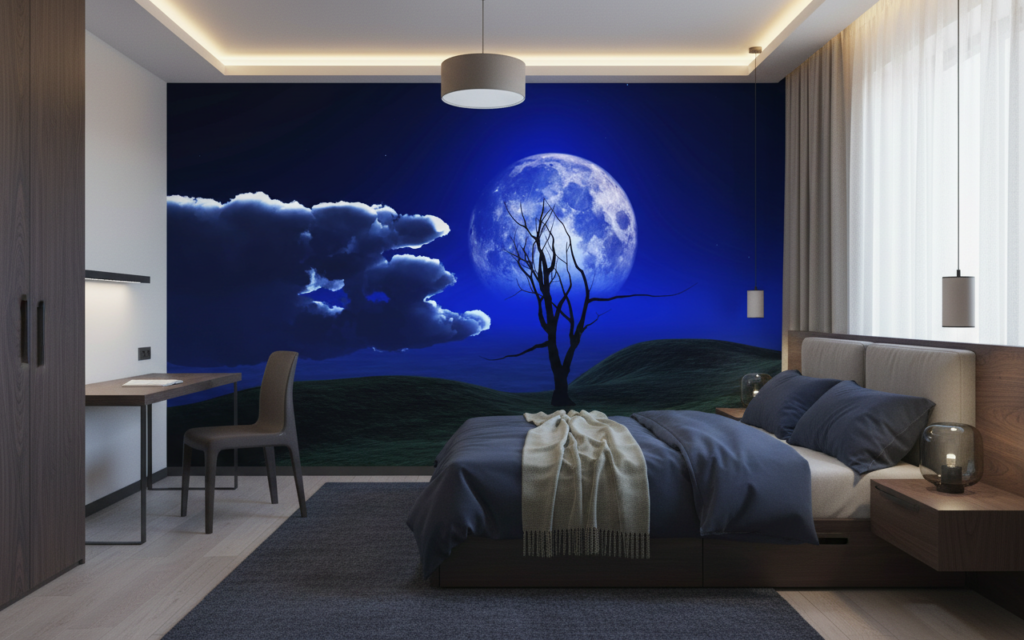 Paysage Nocturne Mystique avec Lune Bleue et Arbre Silhouette - Chambre ado