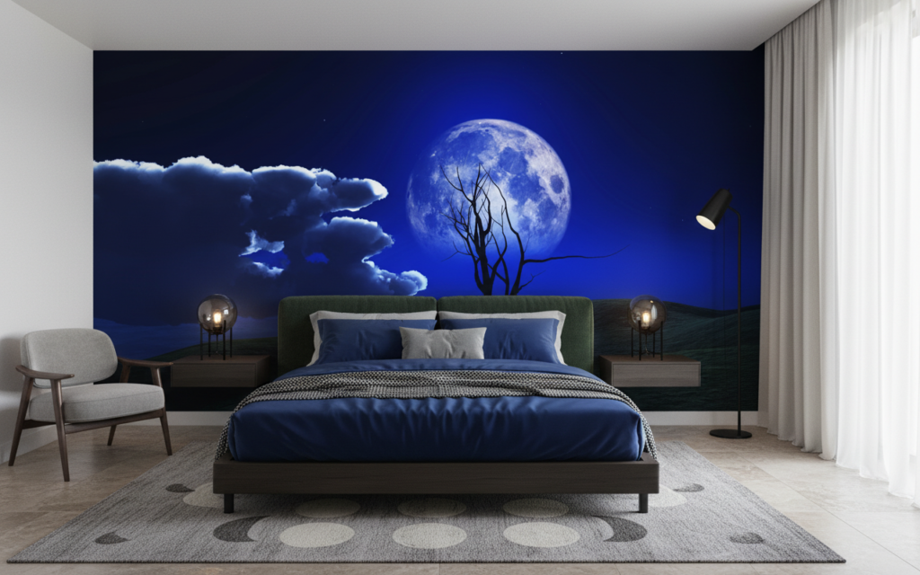 Paysage Nocturne Mystique avec Lune Bleue et Arbre Silhouette - Chambre adulte