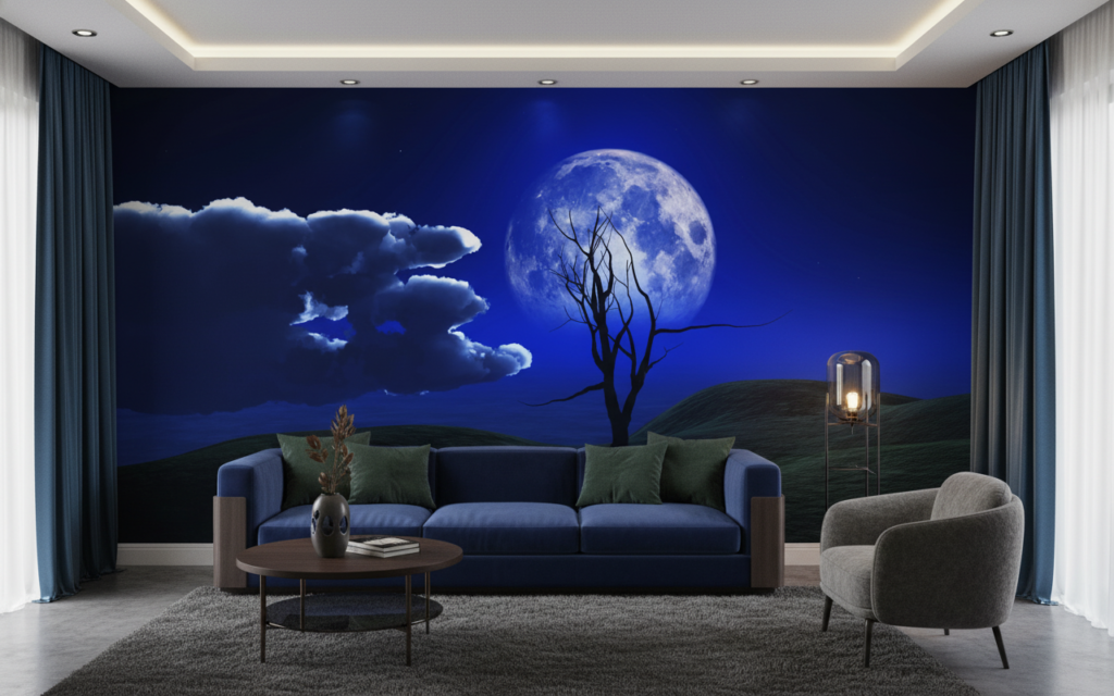 Paysage Nocturne Mystique avec Lune Bleue et Arbre Silhouette - Salon / Séjour