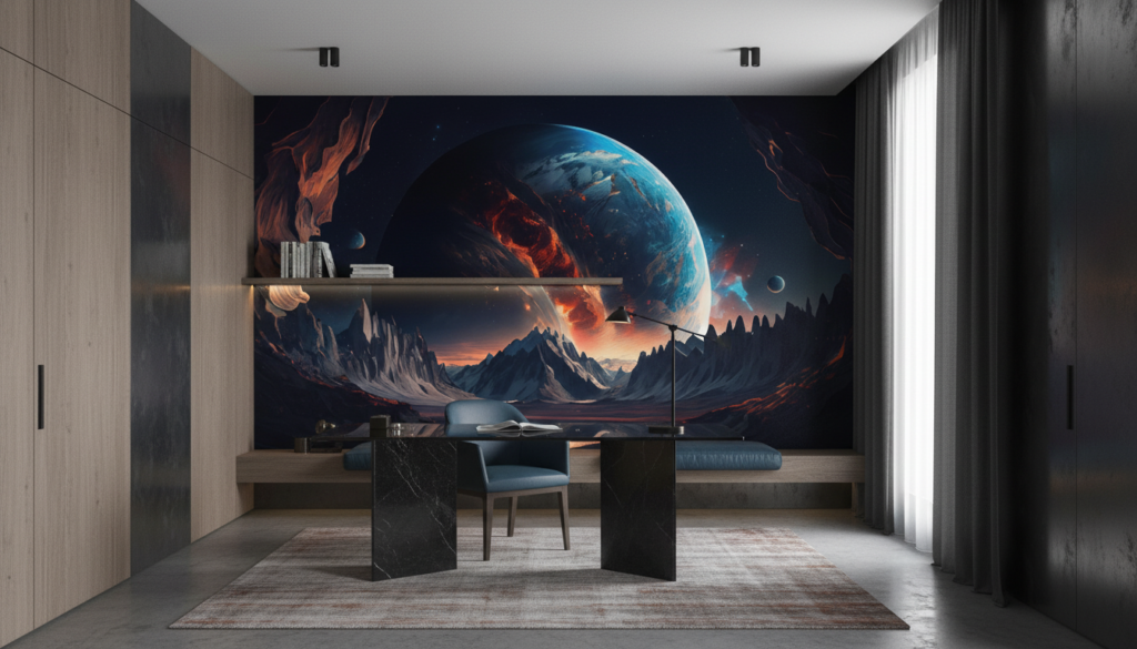 Paysage Spatial Volcanique avec Planète et Montagnes Dramatiques - Bureau