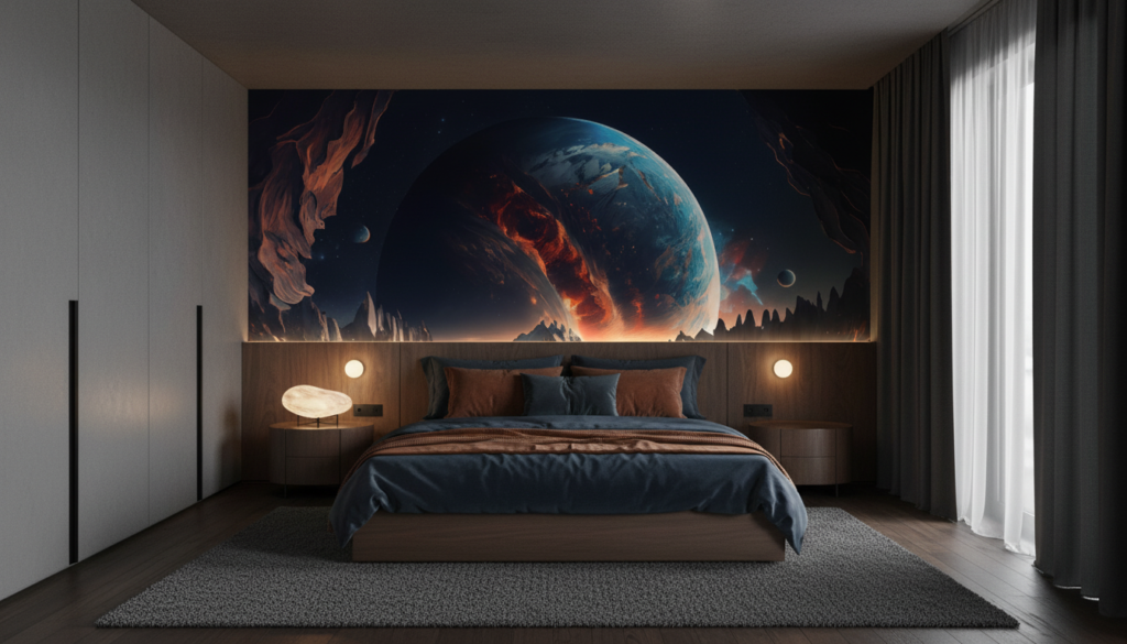 Paysage Spatial Volcanique avec Planète et Montagnes Dramatiques - Chambre adulte