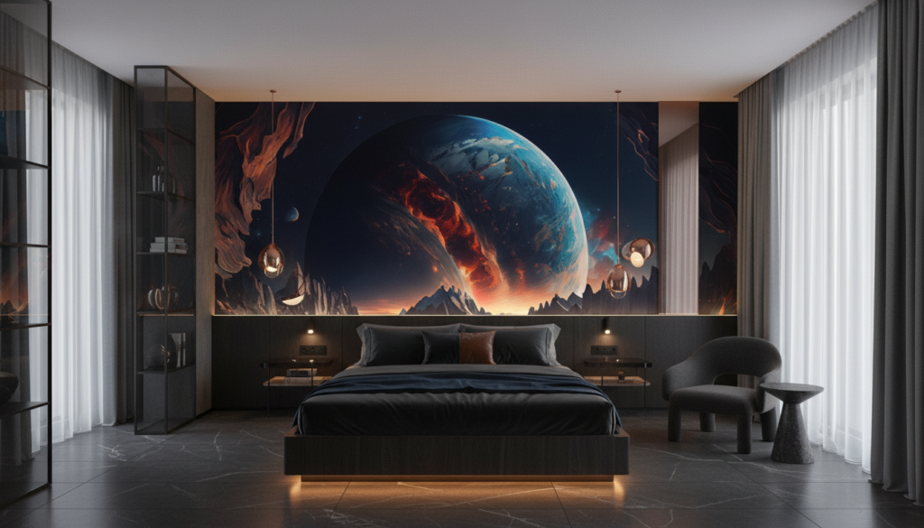 Paysage Spatial Volcanique avec Planète et Montagnes Dramatiques - Hôtel