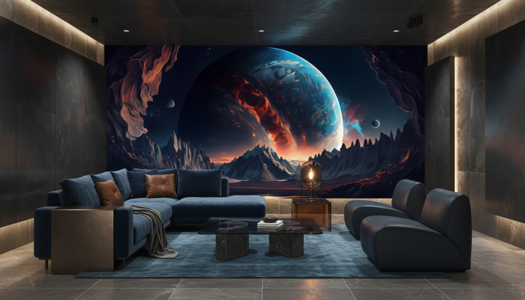 Paysage Spatial Volcanique avec Planète et Montagnes Dramatiques - Salon / Séjour