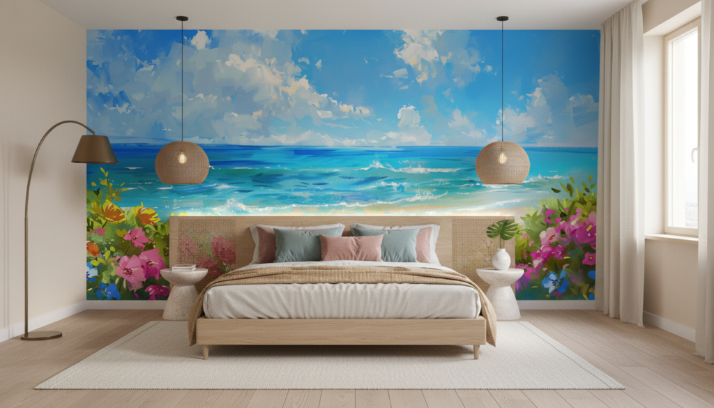 Paysage Tropical avec Plage Paradisiaque et Fleurs Colorées - Chambre adulte