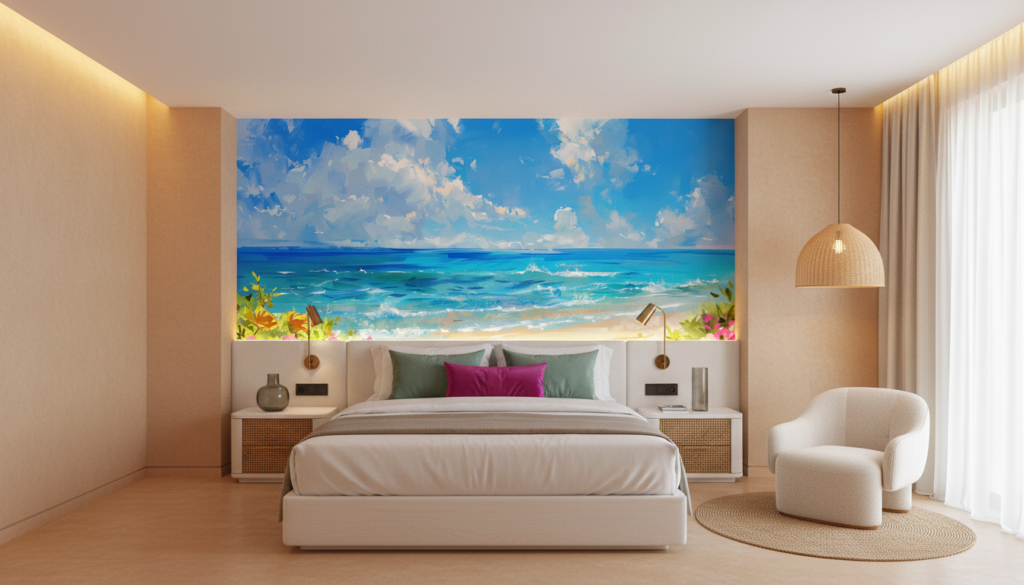 Paysage Tropical avec Plage Paradisiaque et Fleurs Colorées - Hôtel