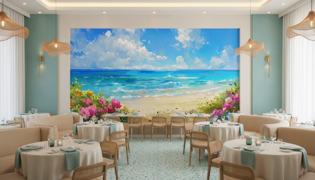 Paysage Tropical avec Plage Paradisiaque et Fleurs Colorées - Restaurant