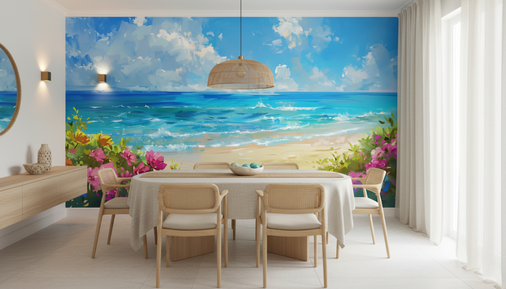 Paysage Tropical avec Plage Paradisiaque et Fleurs Colorées - Salle à manger