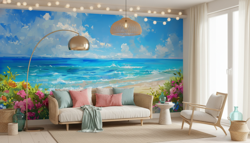 Paysage Tropical avec Plage Paradisiaque et Fleurs Colorées - Salon / Séjour