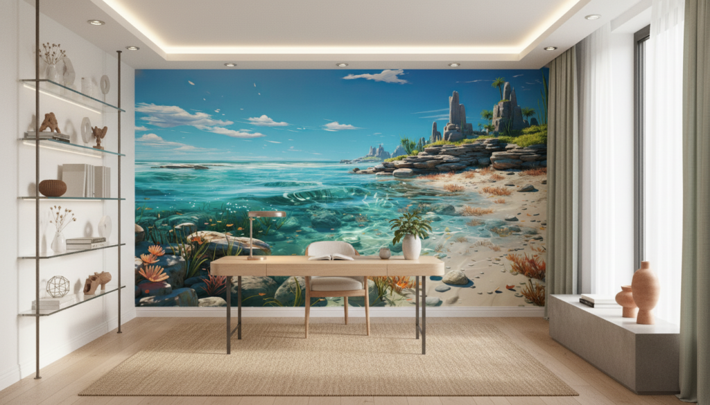 Paysage tropical paradisiaque avec lagune turquoise et rochers sculptés - Bureau