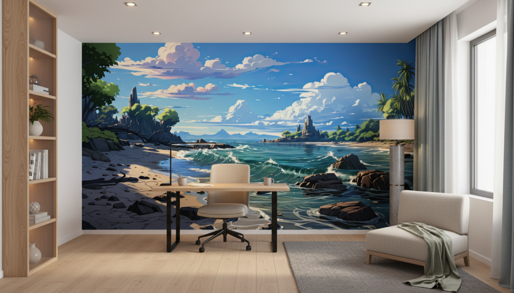 Paysage tropical paradisiaque avec plage, vagues et palmiers exotiques - Bureau