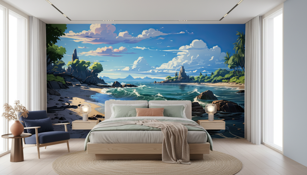 Paysage tropical paradisiaque avec plage, vagues et palmiers exotiques - Chambre adulte