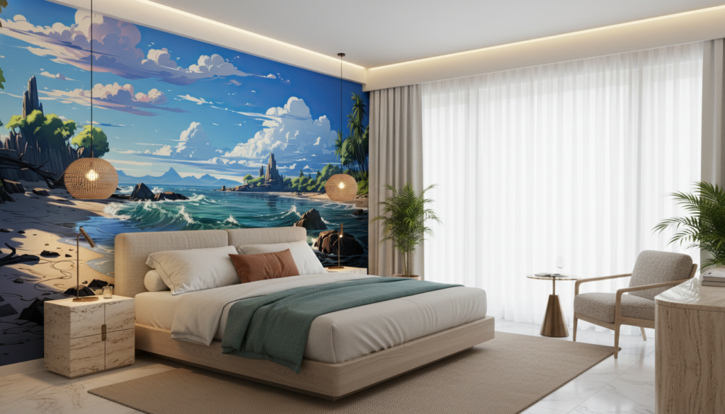 Paysage tropical paradisiaque avec plage, vagues et palmiers exotiques - Hôtel