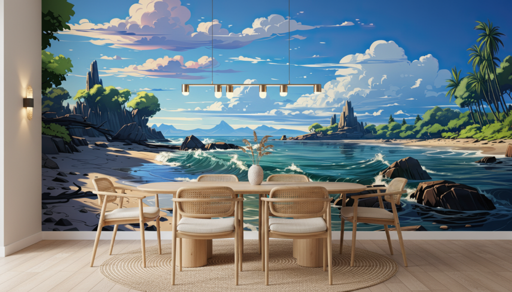 Paysage tropical paradisiaque avec plage, vagues et palmiers exotiques - Salle à manger