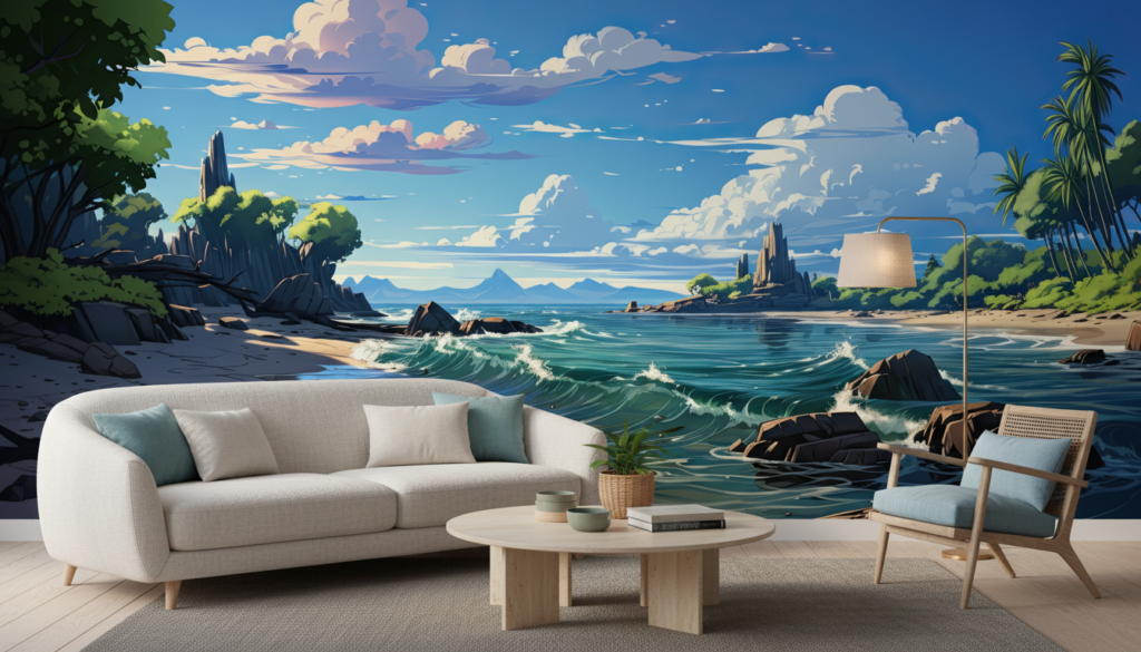 Paysage tropical paradisiaque avec plage, vagues et palmiers exotiques - Salon / Séjour