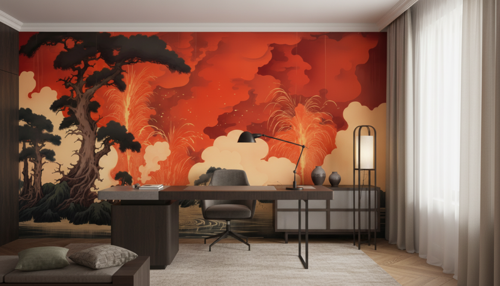 Paysage Volcanique Style Japonais avec Pagode et Cerisiers en Fleurs - Bureau