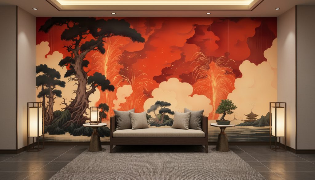 Paysage Volcanique Style Japonais avec Pagode et Cerisiers en Fleurs - Hôtel