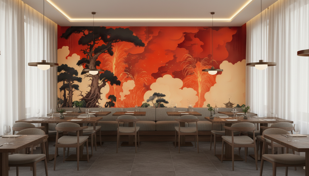 Paysage Volcanique Style Japonais avec Pagode et Cerisiers en Fleurs - Restaurant