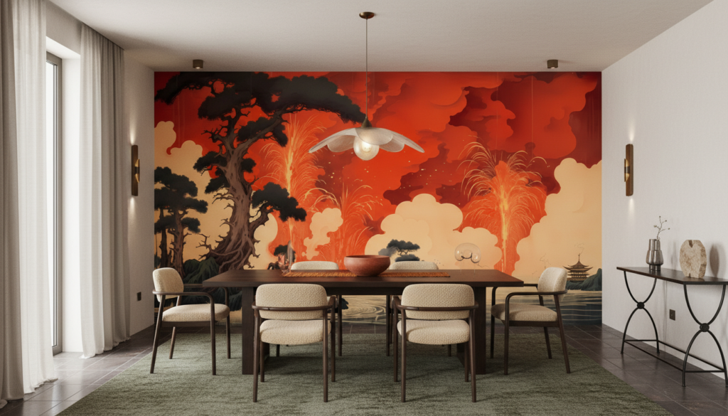 Paysage Volcanique Style Japonais avec Pagode et Cerisiers en Fleurs - Salle à manger