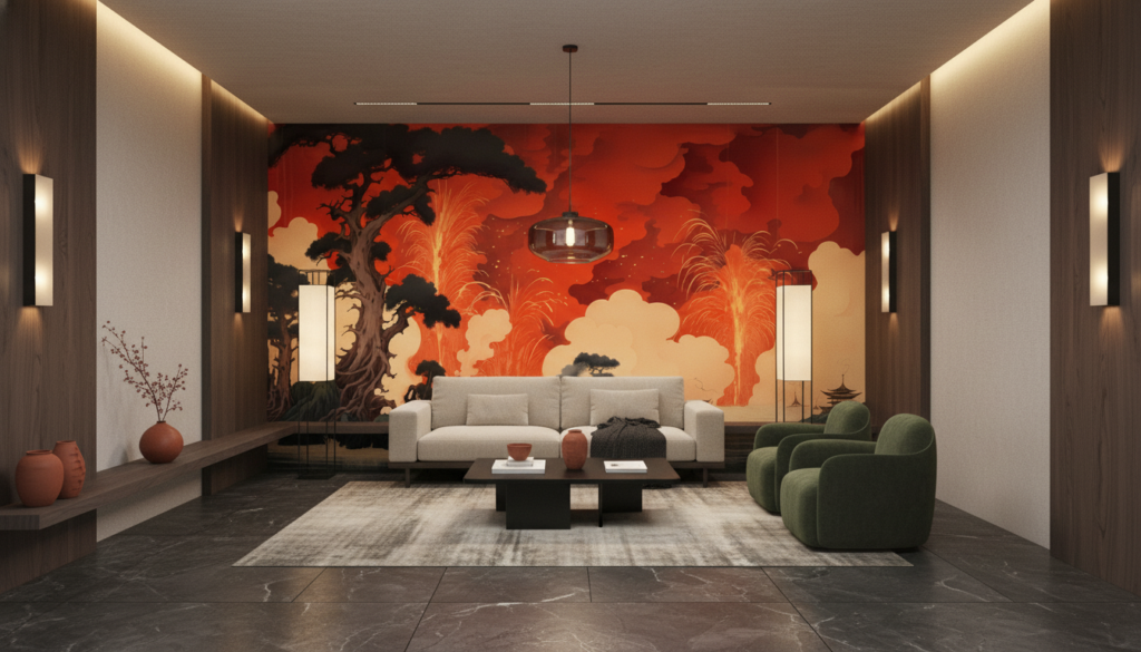 Paysage Volcanique Style Japonais avec Pagode et Cerisiers en Fleurs - Salon / Séjour