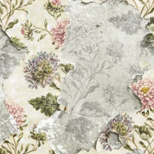 Papier Peint Floral Vintage aux Chrysanthèmes Romantiques sur Mur Fissuré