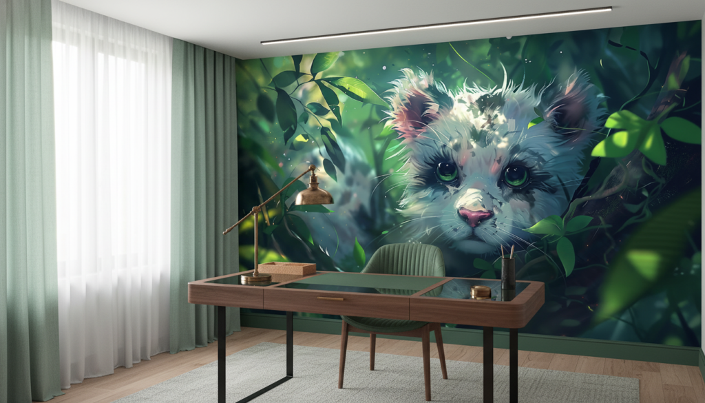 Petit Animal aux Yeux Verts dans la Végétation Luxuriante - Bureau