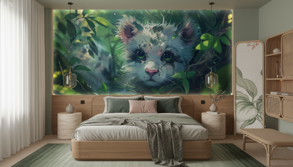 Petit Animal aux Yeux Verts dans la Végétation Luxuriante - Chambre adulte