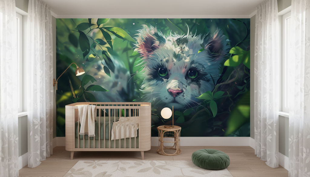 Petit Animal aux Yeux Verts dans la Végétation Luxuriante - Chambre enfant