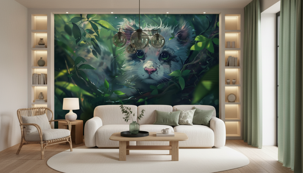 Petit Animal aux Yeux Verts dans la Végétation Luxuriante - Salon / Séjour