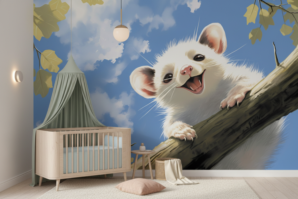 Petit Animal Mignon sur Branche Illustration Nuages Bleus Enfant - Chambre bébé