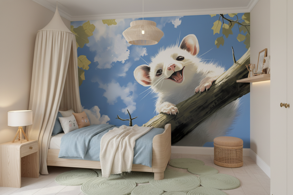 Petit Animal Mignon sur Branche Illustration Nuages Bleus Enfant - Chambre enfant