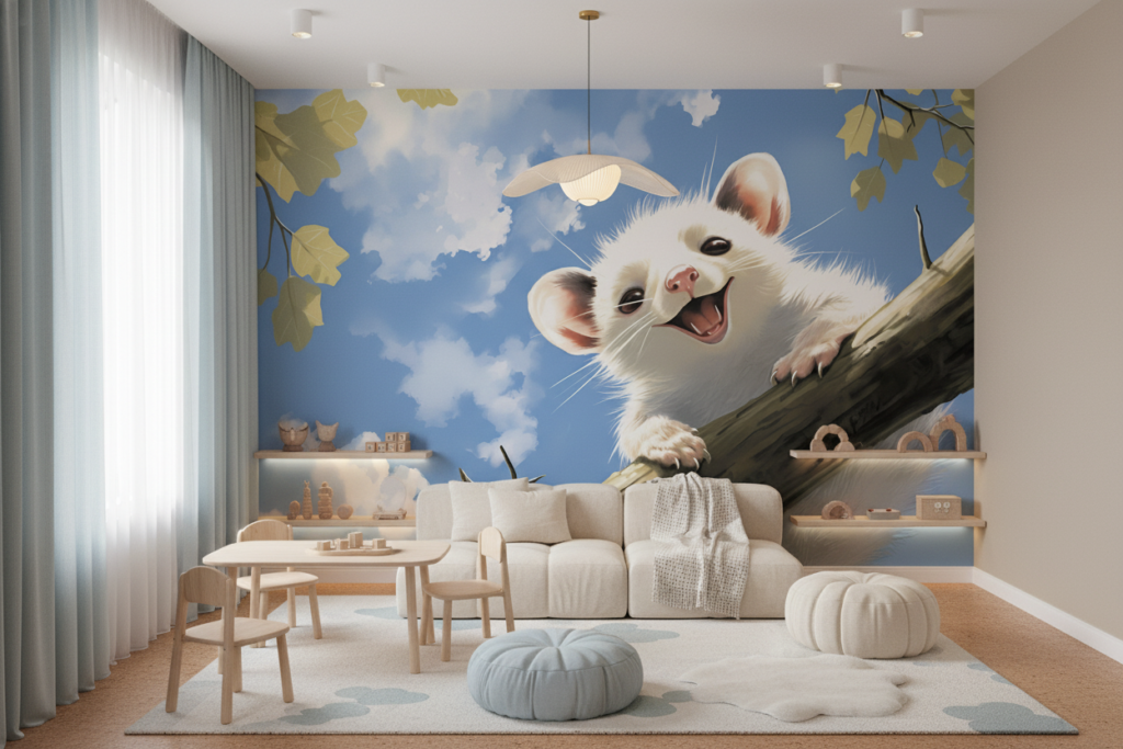 Petit Animal Mignon sur Branche Illustration Nuages Bleus Enfant - Espace enfant (pro)