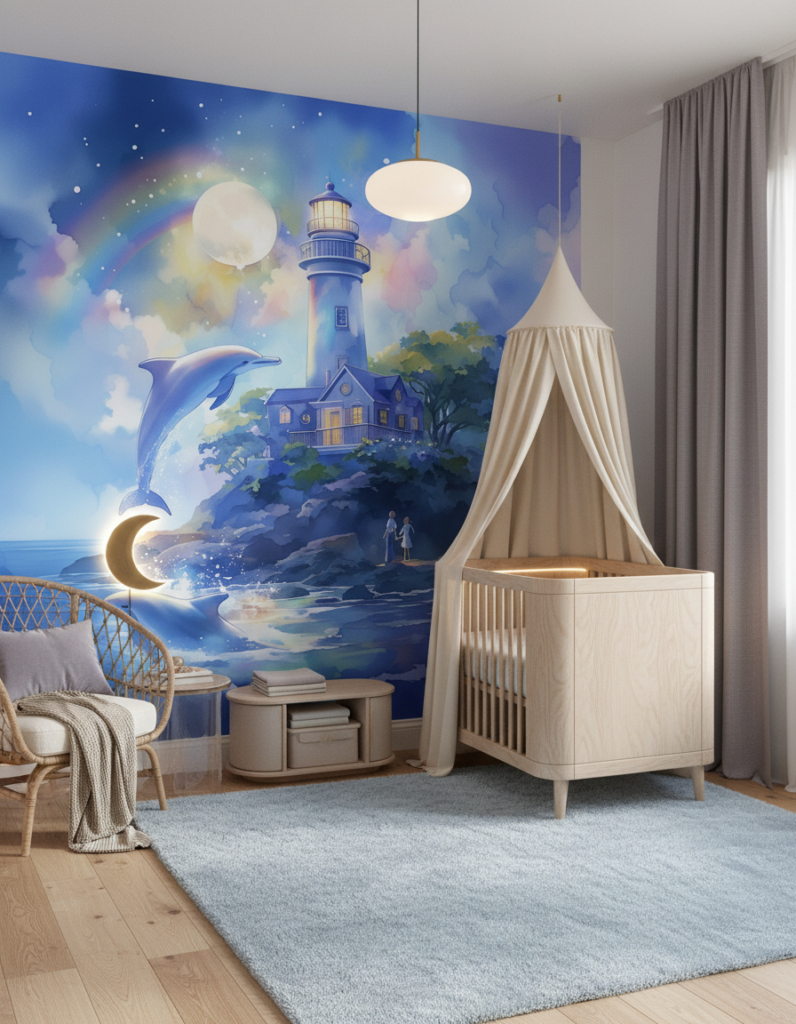 Phare Magique aux Dauphins sous Ciel Étoilé et Arc-en-ciel - Chambre bébé