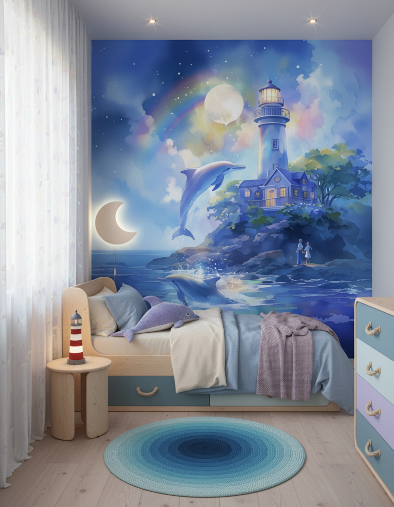 Phare Magique aux Dauphins sous Ciel Étoilé et Arc-en-ciel - Chambre enfant