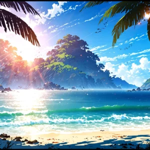 Plage tropicale paradisiaque au coucher de soleil avec palmiers