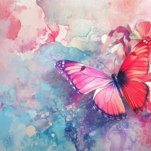 Papier peint aquarelle papillon rose et fleurs délicates