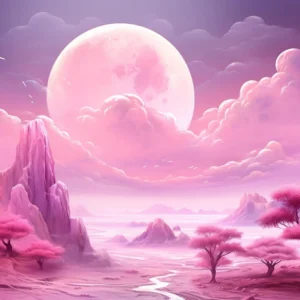 Paysage Fantastique Rose et Violet avec Lune Géante et Montagnes
