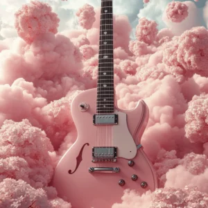 Guitare Rose Électrique dans Nuages Coton Candy Surréaliste
