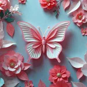 Papier peint romantique papillons et fleurs papier découpe rose