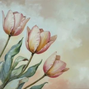 Tulipes Pastel Aquarelle sur Fond Nuageux Romantique