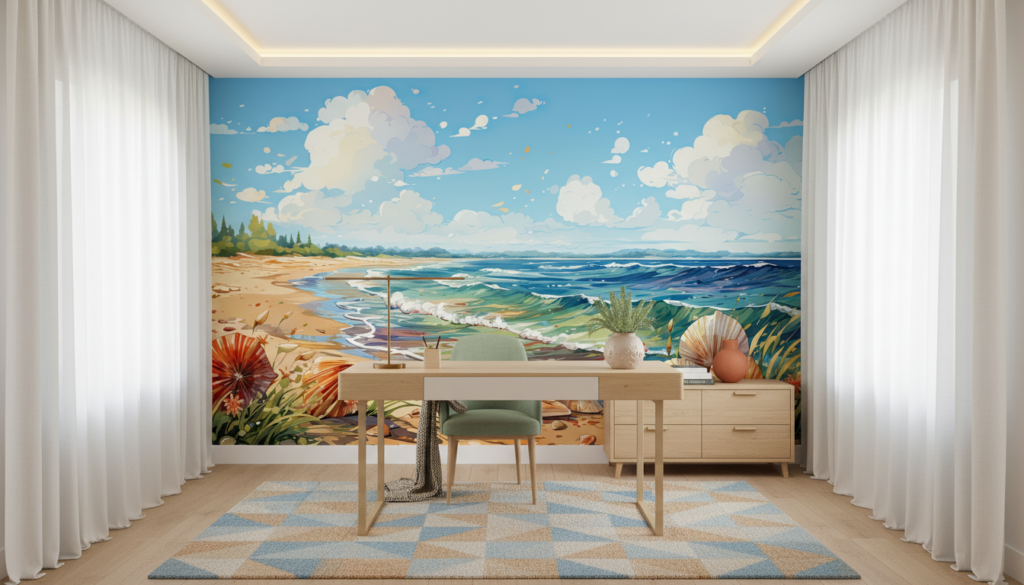 Plage Tropicale avec Coquillages et Vagues Océaniques Stylisées - Bureau