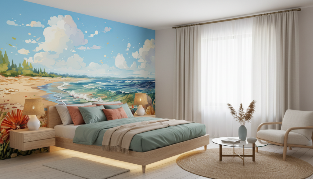 Plage Tropicale avec Coquillages et Vagues Océaniques Stylisées - Chambre adulte