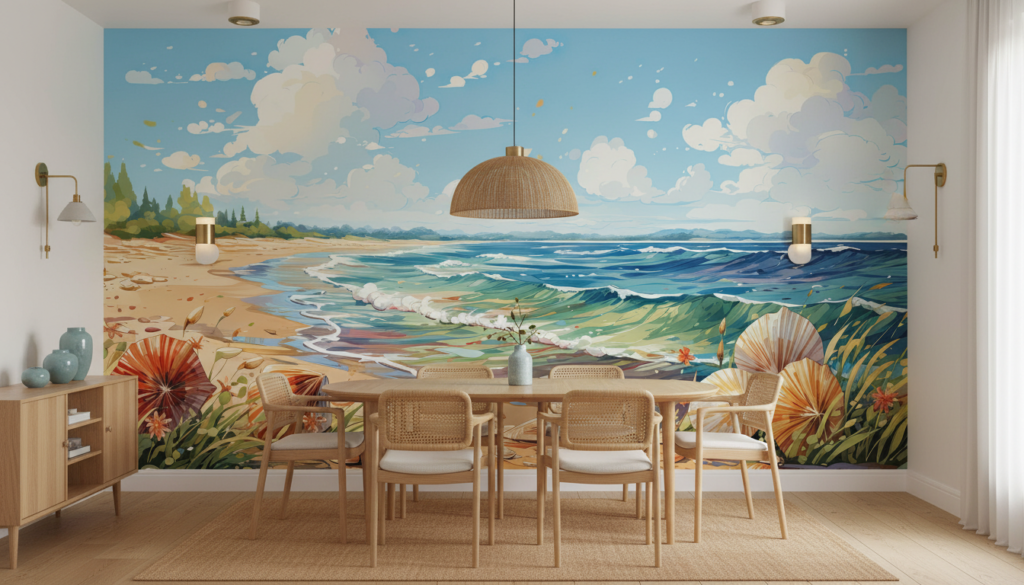 Plage Tropicale avec Coquillages et Vagues Océaniques Stylisées - Salle à manger