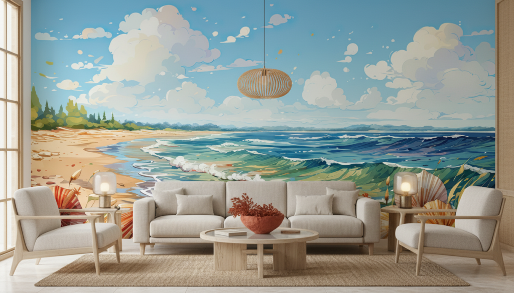 Plage Tropicale avec Coquillages et Vagues Océaniques Stylisées - Salon / Séjour