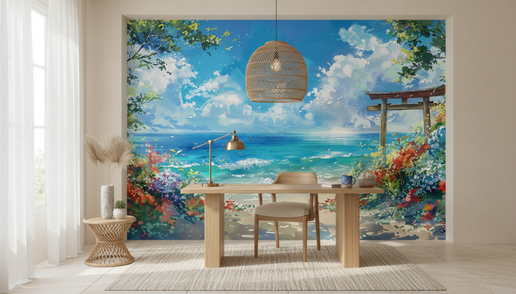 Plage Tropicale avec Torii Japonais et Végétation Luxuriante Colorée - Bureau