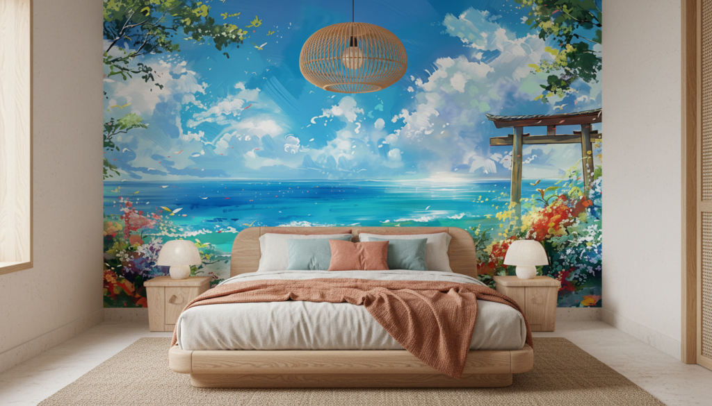 Plage Tropicale avec Torii Japonais et Végétation Luxuriante Colorée - Chambre adulte